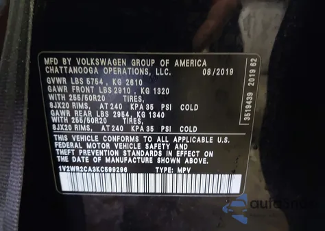 2019 Volkswagen Atlas 3.6L V6 Se W/Technology from USA, damaged, VIN 1V2WR2CA3KC599296